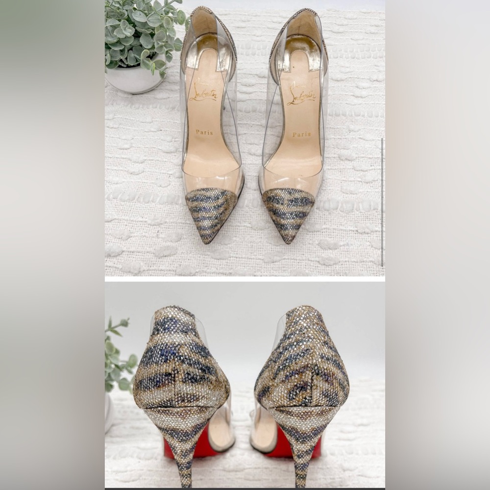 Christian Louboutin Heels Gold Glitter Clear Leopard 100mm Debout Sirene 37 US 7